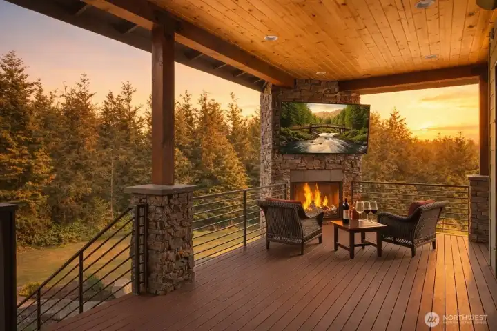 Stone fireplace, perfect location for taking in the beautiful mountain and territorial views!