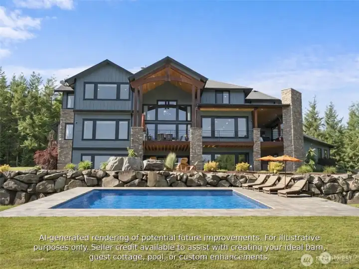 AI-generated rendering illustrating potential future improvements. The expansive 10-acre setting offers ample space for a custom pool, outdoor entertaining area, guest cottage, barn, or equestrian amenities — bring your vision to life.