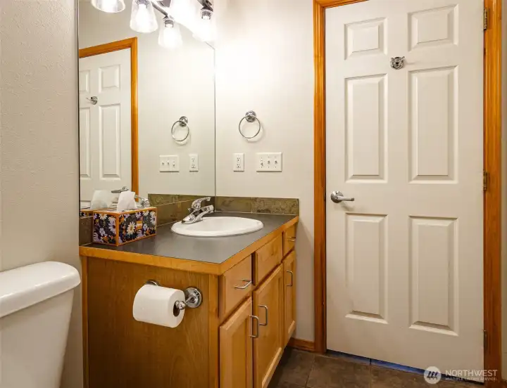 The guest bath has a bath/shower combination.