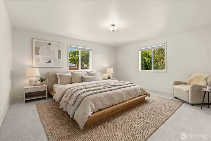 Virtually Staged: The spacious primary suite offers a quiet retreat with ample room to unwind, along with an expansive walk-in closet and private 5-piece ensuite bathroom. Thoughtfully separated from the main living spaces, this layout provides added privacy and comfort within the home. Virtually Staged: The spacious primary suite offers a quiet retreat with ample room to unwind, along with an expansive walk-in closet and private 5-piece ensuite bathroom. Thoughtfully separated from the main living spaces, this layout provides added privacy and comfort within the home.