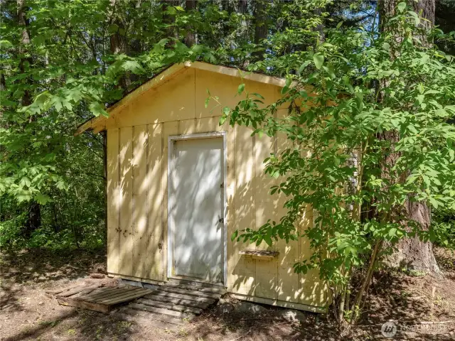 Storage shed for yard tools, fishing equipment, etc.