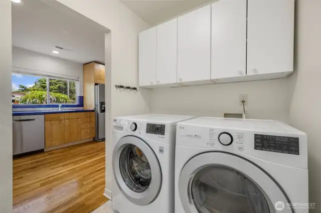 The utility room is just off the kitchen and next to the side door that leads to the back yard.