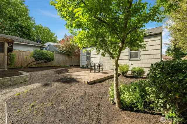 This photo shows your patio as well as the plum tree.  There are several fruit trees in and around the yard that produce beautiful fruit.