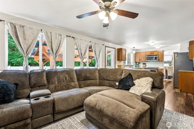 Family room view toward the kitchen, big enough for a huge sectional!