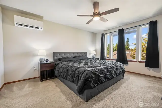 Primary bedroom, massive! Ductless mini split for comfort no matter the temp outside, love the ceiling fan as well and the huge windows.