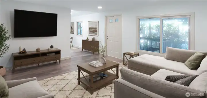 Living room also has new flooring, drywall & for a modern look & feel- Virtually staged