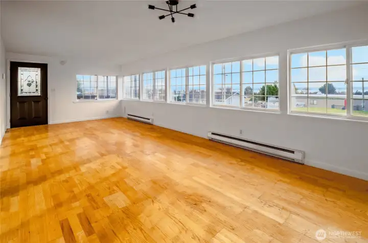 View from spacious living room east to front entry