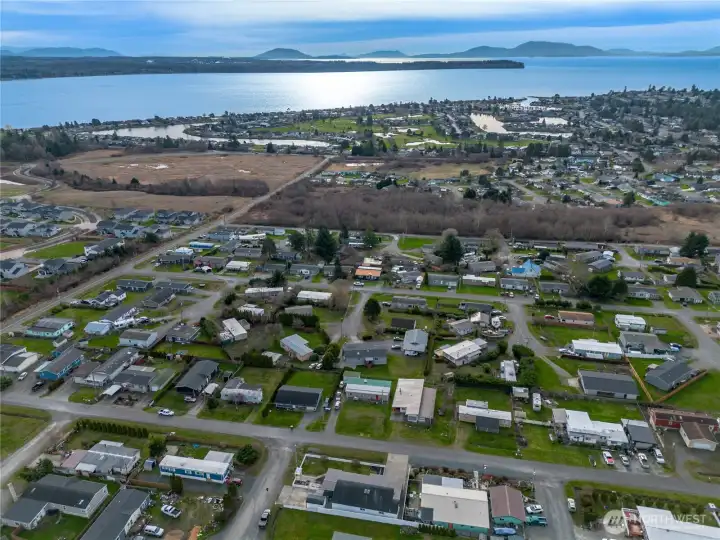 View from atop of 8471 Willow Way looking south to Birch Bay from Bay View Estates neighborhood a manufacture home friendly neighborhood.