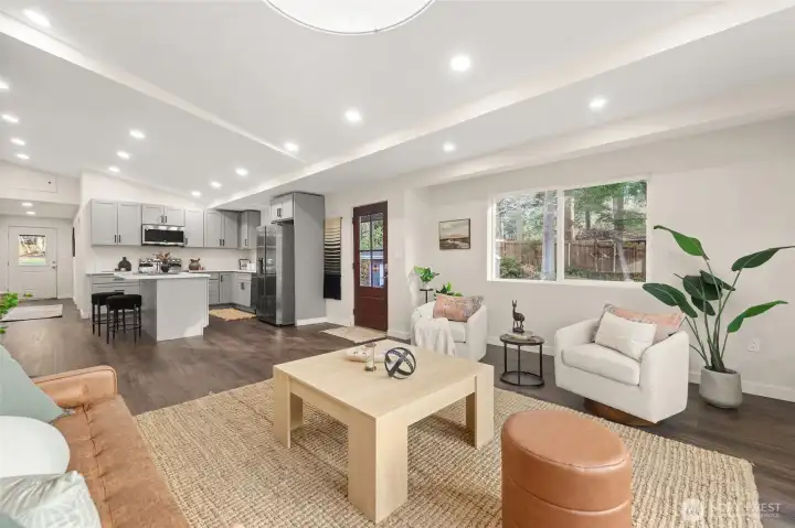 View of kitchen from the corner of the living room
