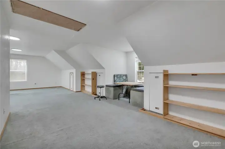 Massive bonus room of more than 700 square feet.  Additional storage in the attic above (Those are pulldown stairs in the ceiling.  Also multiple storage areas behind the doors along the wall.