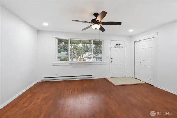 Double closet can serve as a coat closet with additional storage.