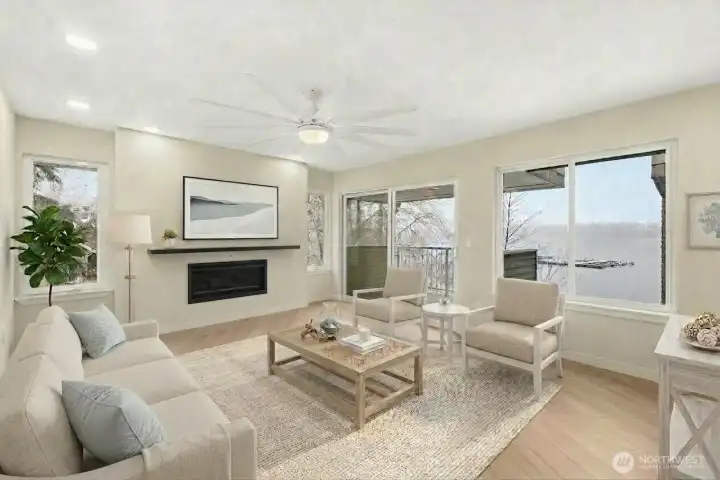 Living room with lake views. Virtual stage.