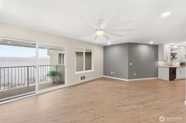 Open plan living room. covered deck.
