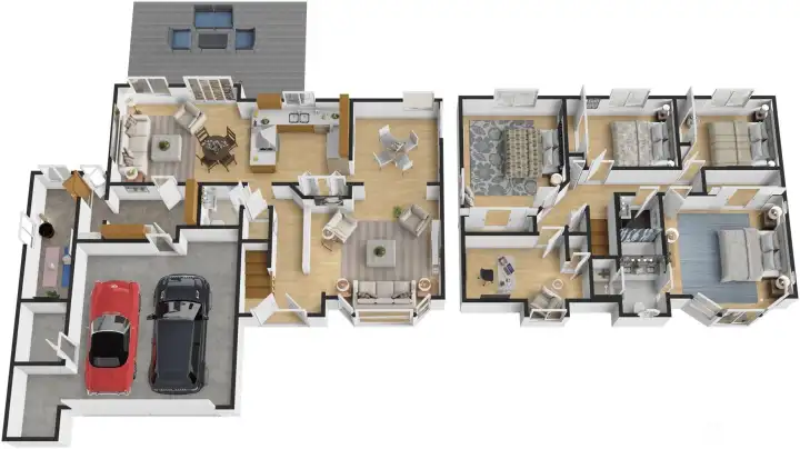 This detailed 3D floor plan brings the full layout of this 2,230 SF two-story home to life, revealing the thoughtful flow between the main level's living room, kitchen, family room, and dining areas — and the well-positioned second floor with four bedrooms, a den or optional fifth bedroom, two remodeled baths, and a generous primary suite — giving buyers a clear and immediate sense of how naturally and practically this home lives.