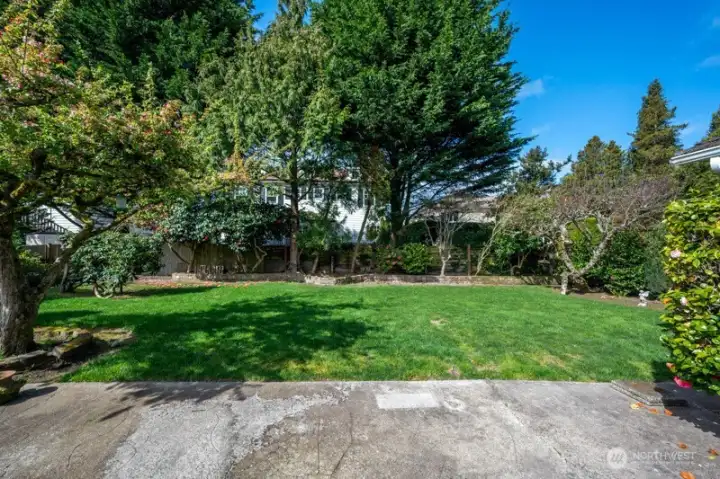 Looking west over back patio to large yard. Image fun entertaining here. Badminton?