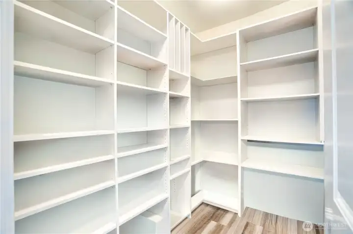 Kitchen pantry located to the left of the stove, complete with custom shelving. There is more than enough room to store all of your dry goods, overflow appliances and more.