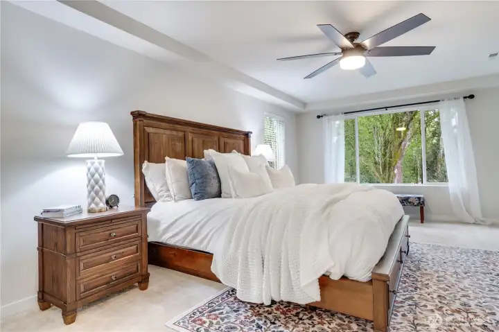 Primary Bedroom upstairs overlooks the green space behind the property. The room has ample space for siting, large dresser(s) and/or nursery.