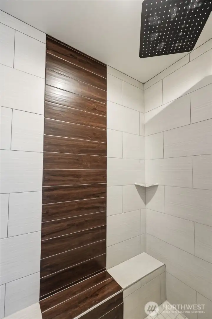 Walk in shower with overhead rain showerhead