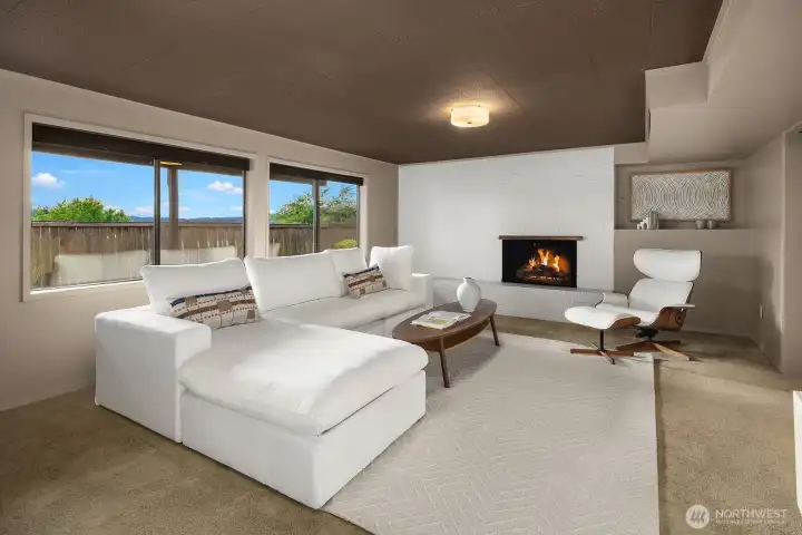 Downstairs Large Media Room (Facing North) and Gas Fireplace