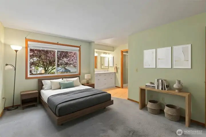 Featuring a private ensuite bath and a large window facing the backyard for ultimate peace and quiet. Virtually staged this oversized room offers plenty of space for a full bedroom set and more. Spotless, bright, and perfectly situated within the home's functional single-story layout. Featuring a private ensuite bath and a large window facing the backyard for ultimate peace and quiet. Virtually staged this oversized room offers plenty of space for a full bedroom set and more. Spotless, bright, and perfectly situated within the home's functional single-story layout.