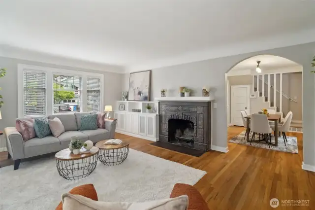 Living room with wood burning fireplace