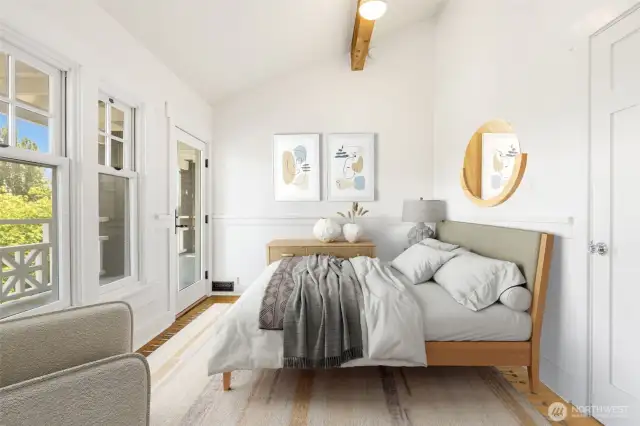 Second upper bedroom or office with large bookshelf and upper porch walkout