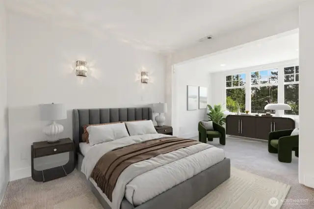 Lower guest room with seating area and ensuite bathroom