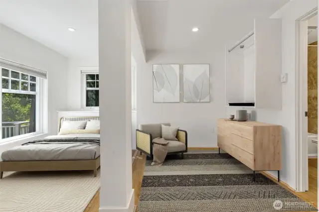 Bedroom with seating area, California Closets and full ensuite bathroom