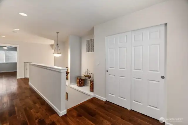 The upstairs loft area with large storage closet, a bedroom, full bath, and large family room or bedroom on the end.