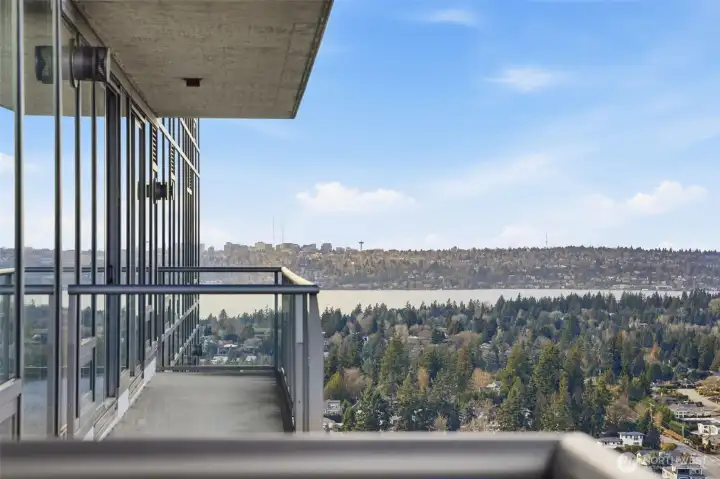 High-floor balcony with northwest city and Lake Washington views.