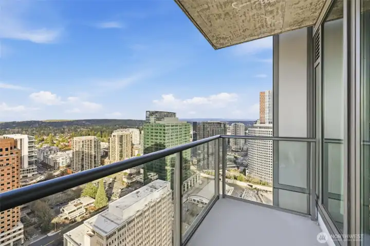 Northwest-facing balcony overlooking downtown Bellevue.