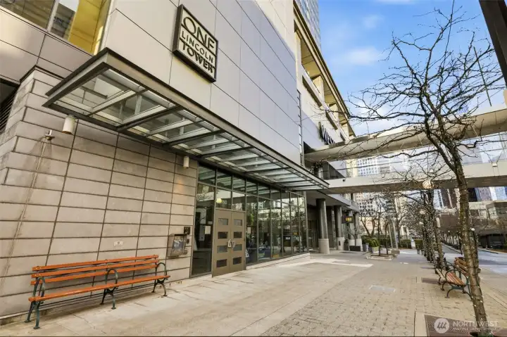 Secure residential entrance with covered arrival.