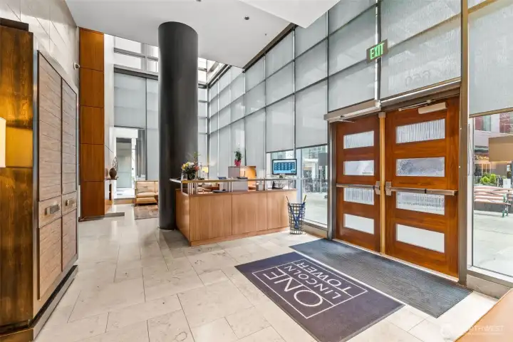 Concierge lobby with modern, welcoming design.