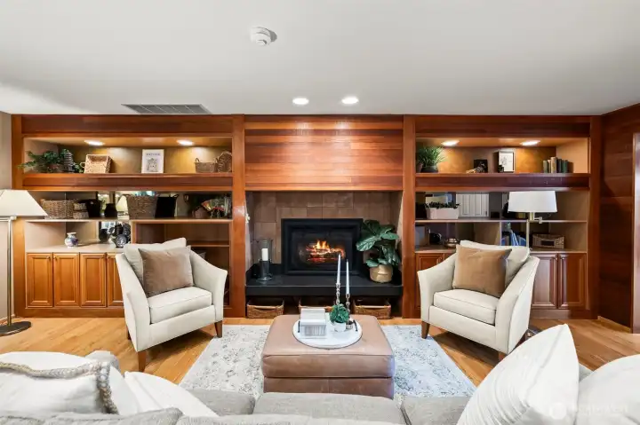 Family room with gas fireplace and built-ins.