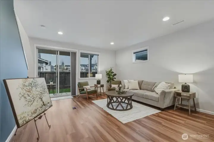 Living Room, Sliding Door, Covered Patio, Luxury Vinyl Plank Flooring, High Ceilings