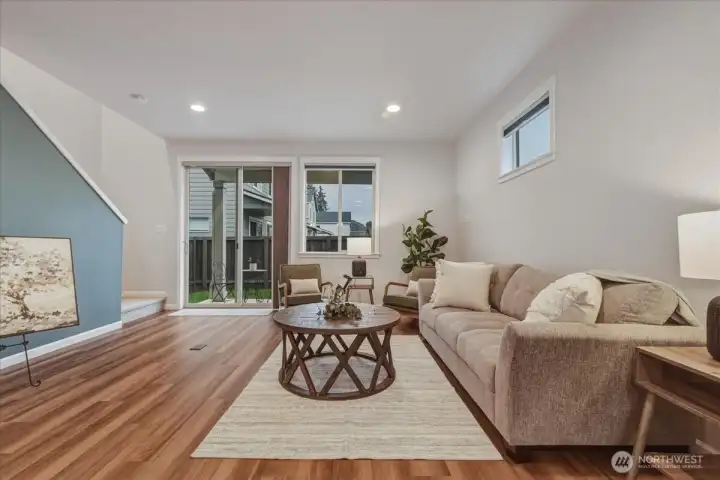 Living Room, Luxury Vinyl Plank Flooring, High Ceilings