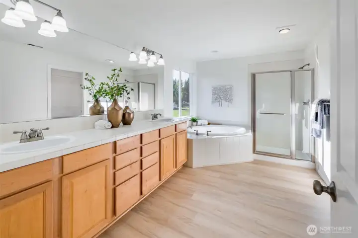 Primary Suite Bathroom, and walk-in closet