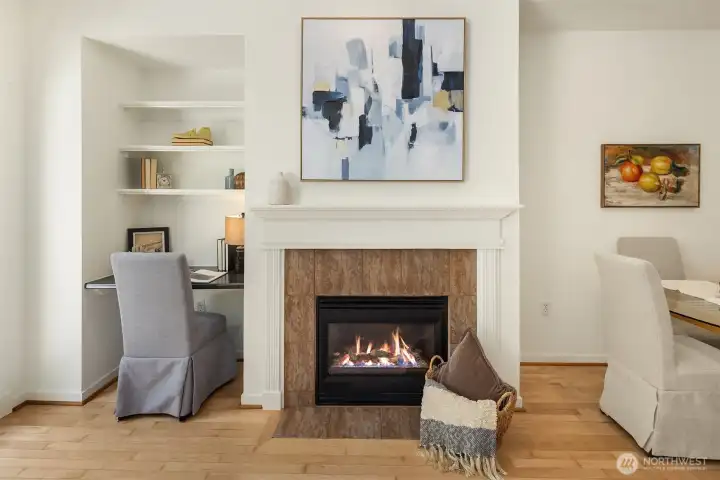 The gas fireplace will warm you during the cold months. The built-in desk is sure to come in handy.