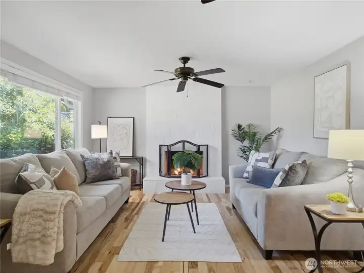 Statement wood burning fireplace. Spacious living room.