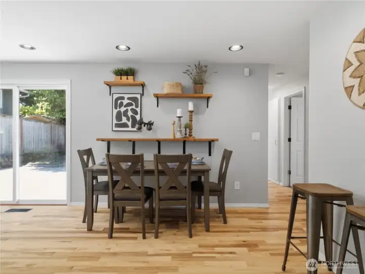 Dining area. Built in shelves could also be used as a snack bar area.