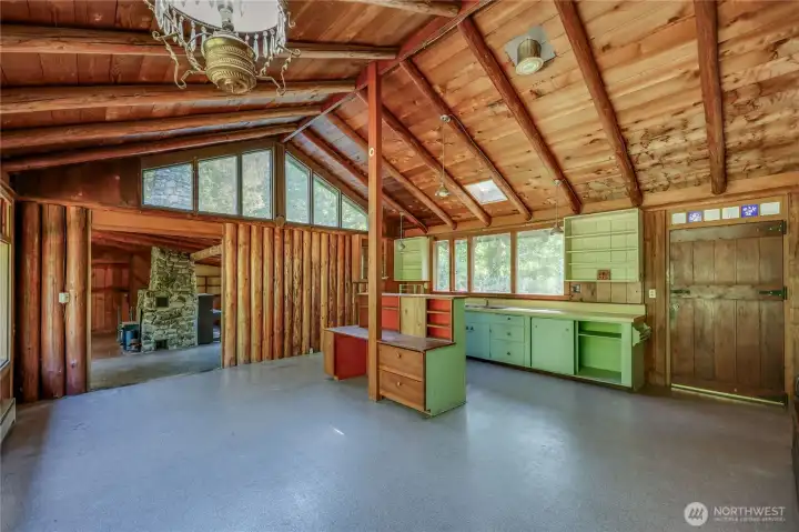Kitchen and dining area, looking towards the original 1950s cabin