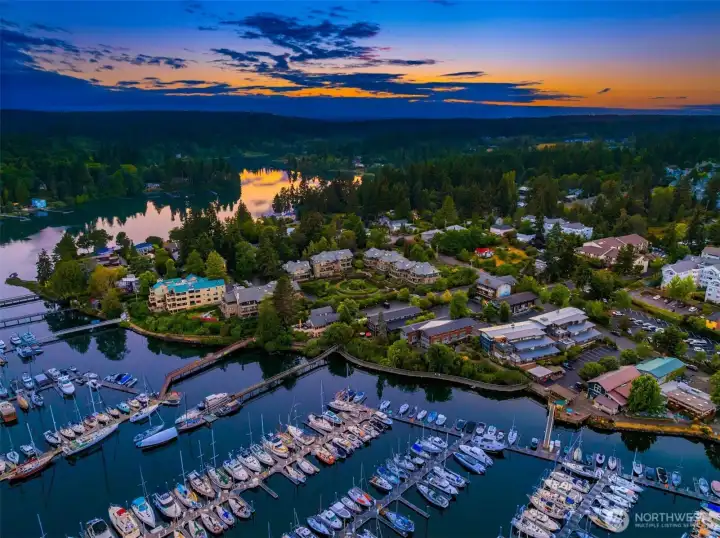 View from above looking northwest over Winslow Wharf Marina toward Harbourside