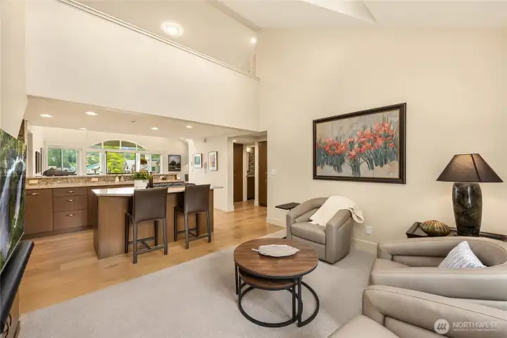 The family room enjoys uninterrupted sightlines to the view