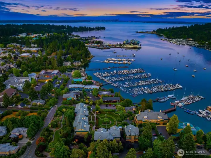 View from above looking East over Eagle Harbor with Puget Sound and the Seattle skyline in the distance