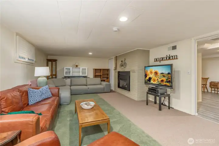 Versatile basement rec room anchored by a cozy gas fireplace, perfect for entertaining or family relaxation.
