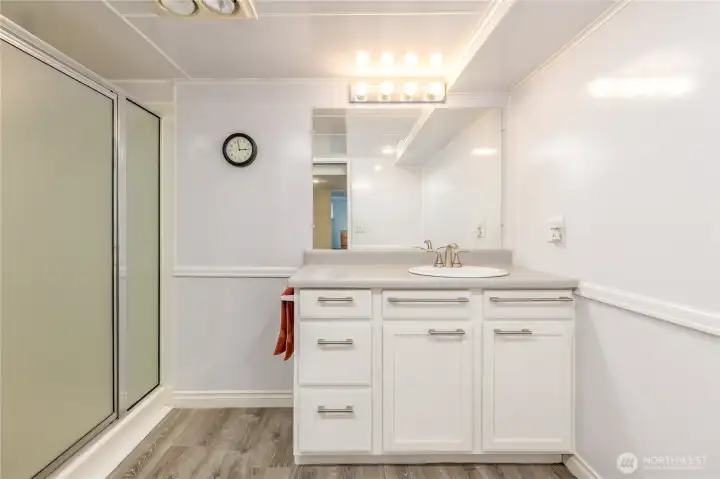 Lower level 3/4 bathroom with updated LVP flooring.