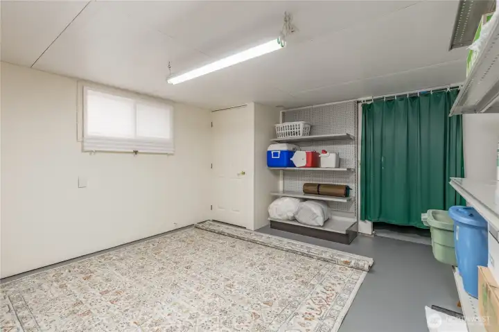 Bonus basement workshop and storage room; a hidden gem for hobbies and organization (additional space and workbenches behind the curtain!)