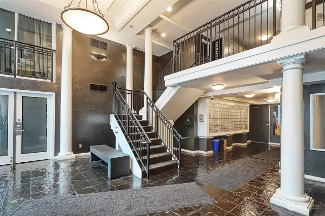 Lobby of Montreux. Building amenities include an on-site fitness center, guest suite, and community room.
