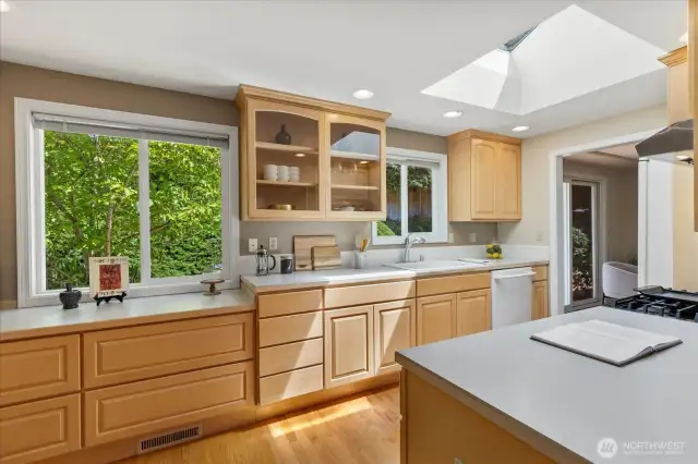 Kitchen overlooks the back yard.
