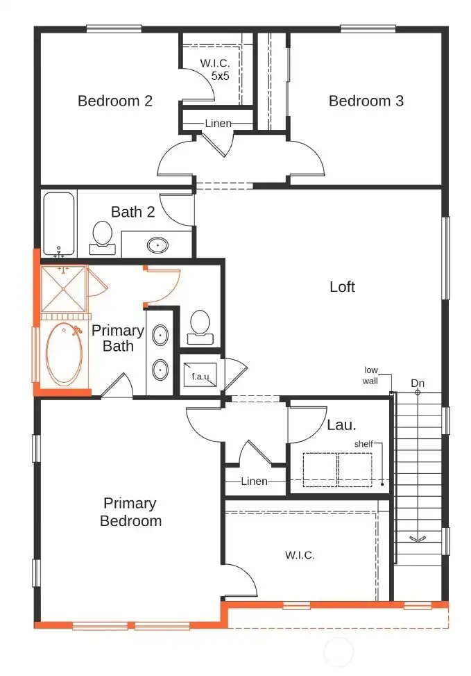 Future upper-level living includes well-sized bedrooms, a central loft perfect for work or play, and a thoughtfully placed laundry room.